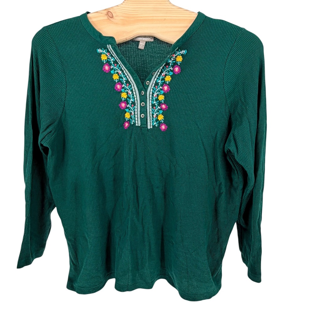 Woman Within Henley Top 2X Green Embroidered Waffle Knit Long Sleeve Thermal